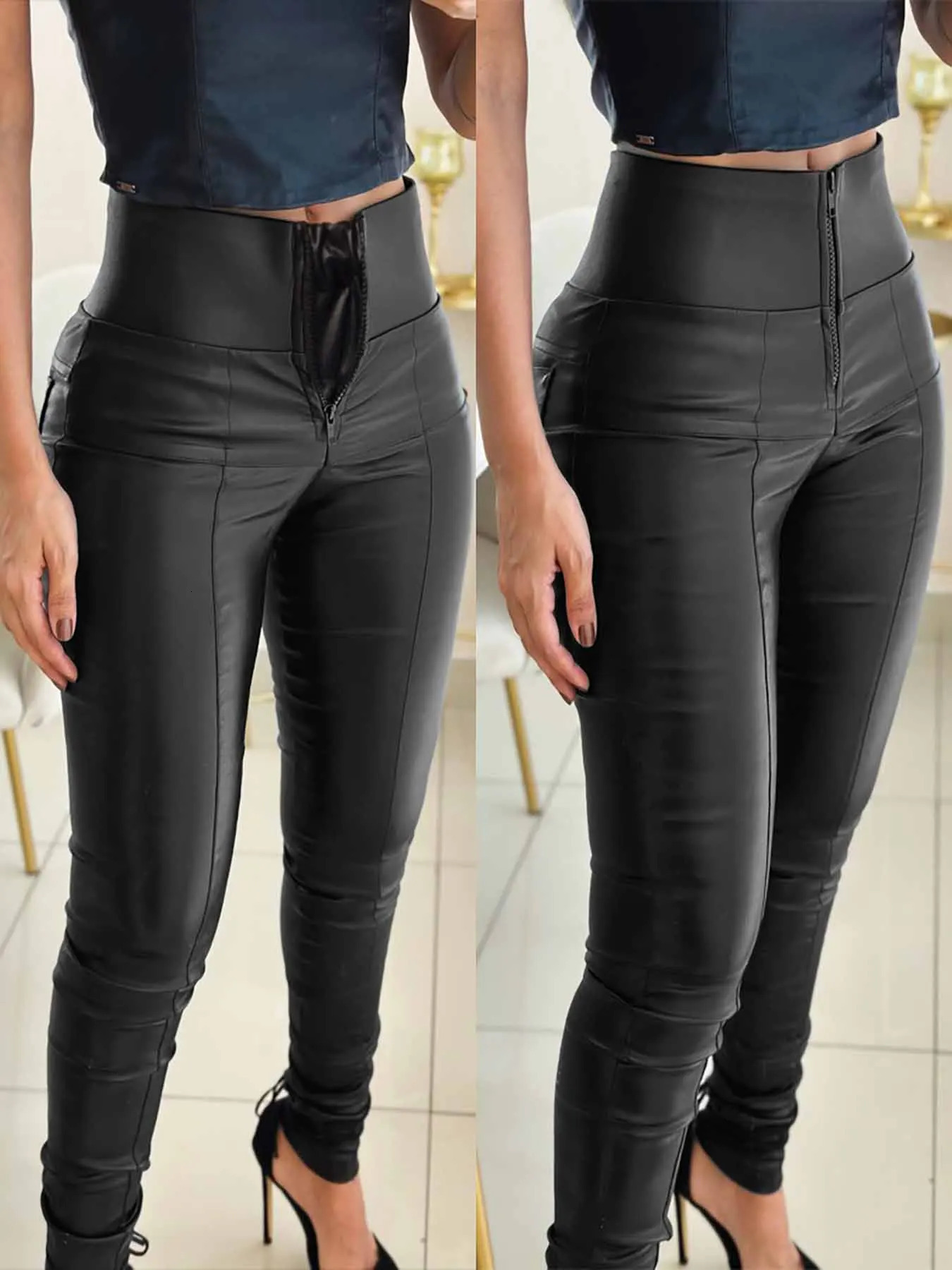 Solid color high waisted zipper leather pants with anti pinch abdominal PU leather pants ultrathin suitable for womens long legs 250305