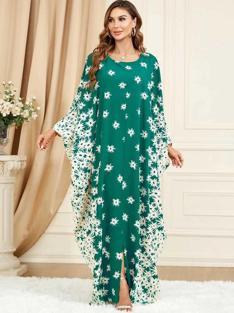 Middle Eastern slim clothing green robe bat sve loose floral dressXJ250310