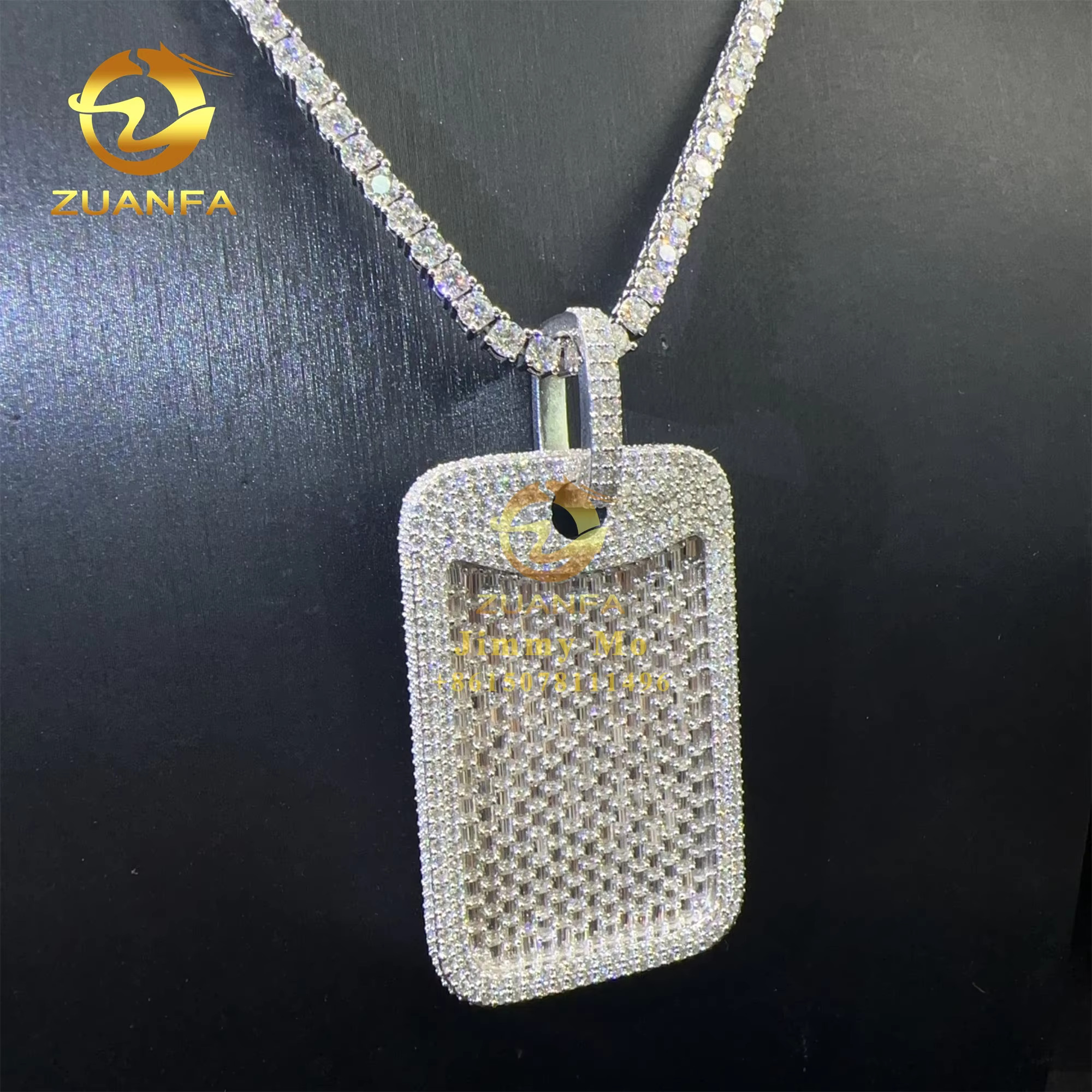 Custom Made Rapper Luxury Jewelry 925 Silver Iced Out Fully VVS1 Baguette Synthetic Moissanite Diamond Hip Hop Dog Tag Pendant