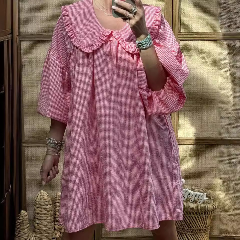 Women Spring Y2K Aesthetic Gingham Plaid Print Dress Puff Long Sleeve Coquette Loose Dress Vintage A-Line Mini Dress Streetwear 240821