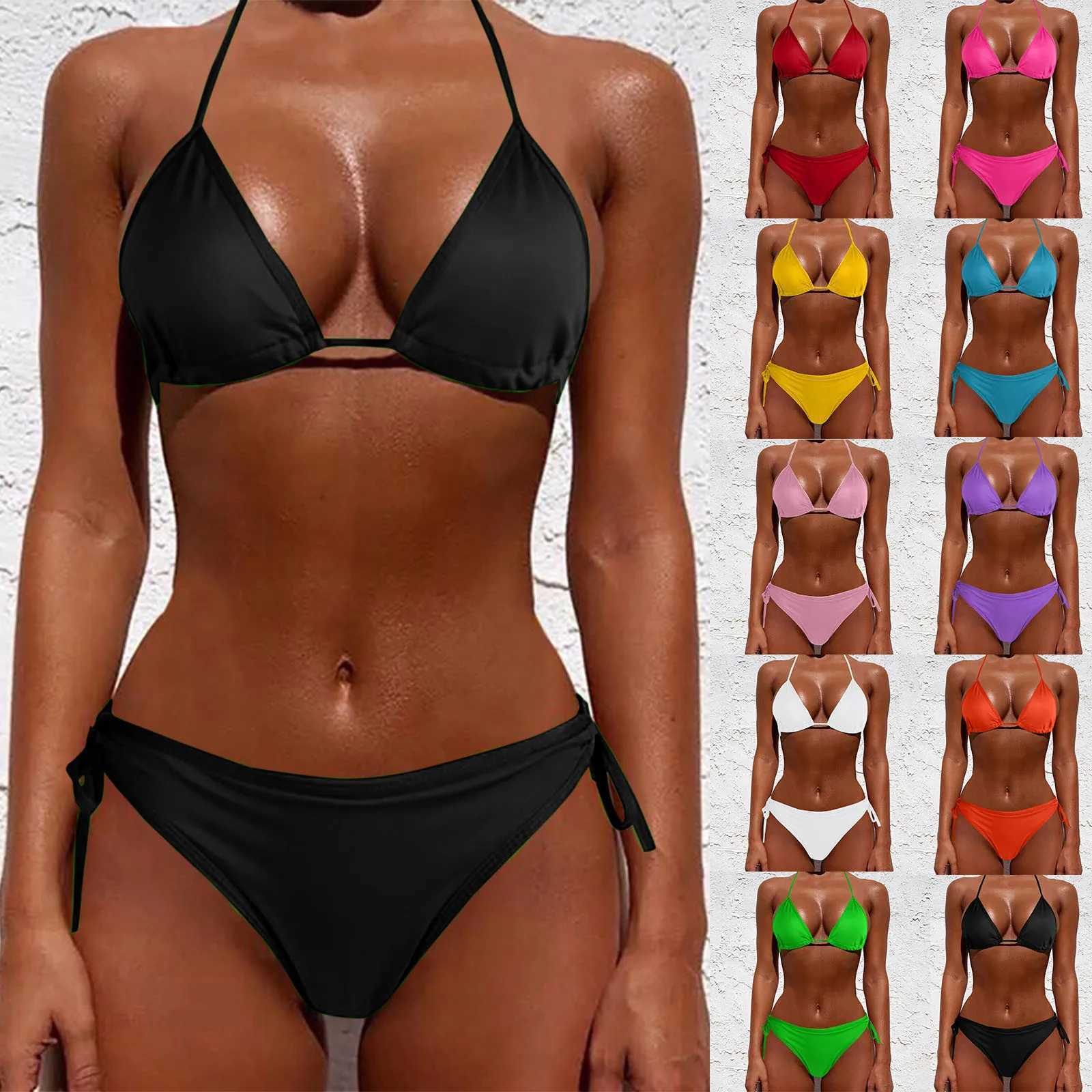 2 Pcs/Set Bikini Set Sexy Bikinis New Solid Color Halter Neck Strap Thong Swimwear Bathing Suit Women Swimsuit Set for BeachT250310