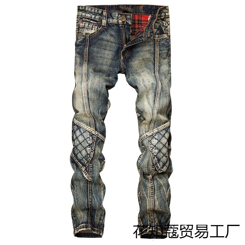 Spring fashion brand jeans for men slim fit nostalgic non mainstream splicing motorcycle one HZ 221008