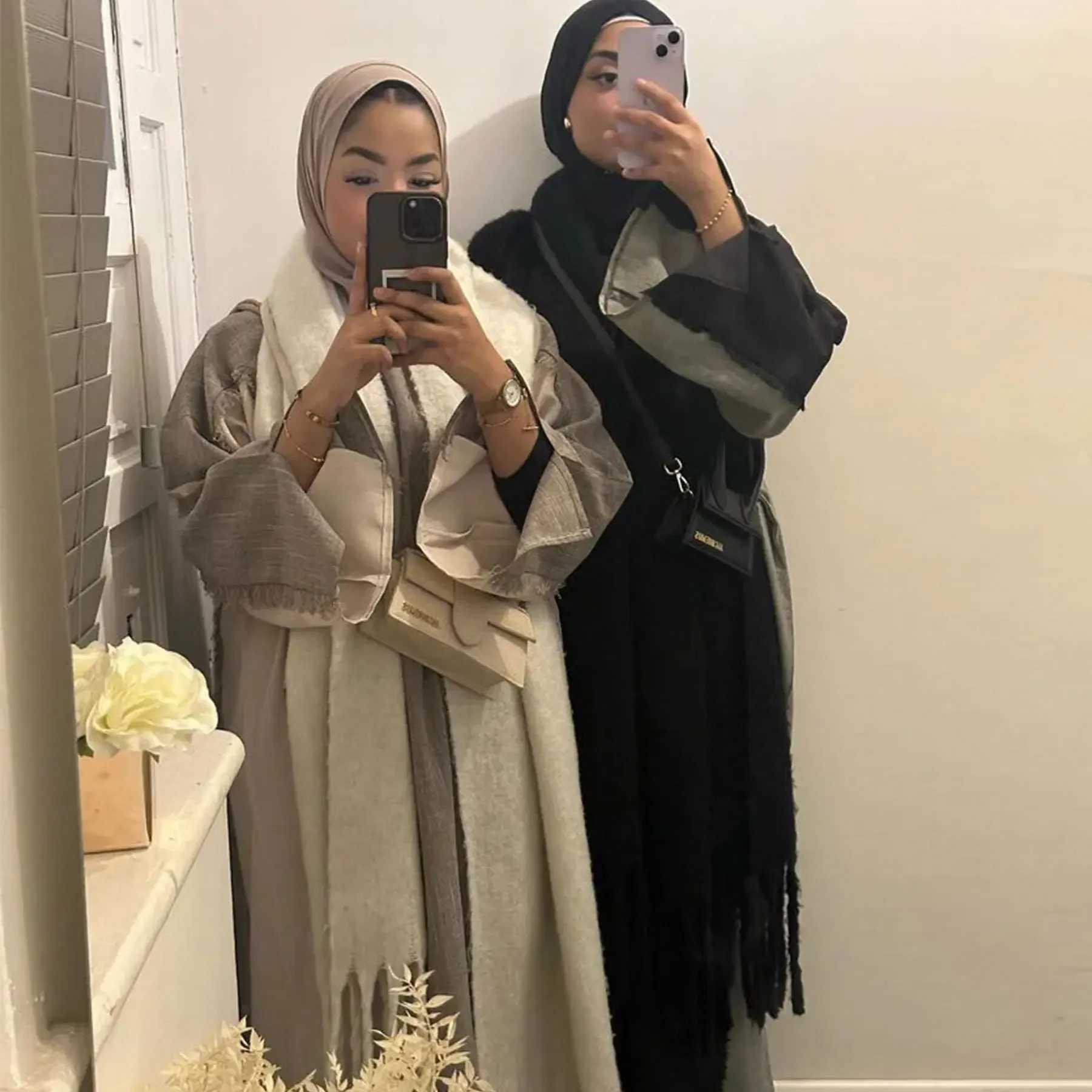 Eid Open Abaya Kimono Luxury Two Tone Frayed slim Hijab Dress Abayas for Women Dubai 2024 New Turkish Islamic Clothing KtanXJ250310