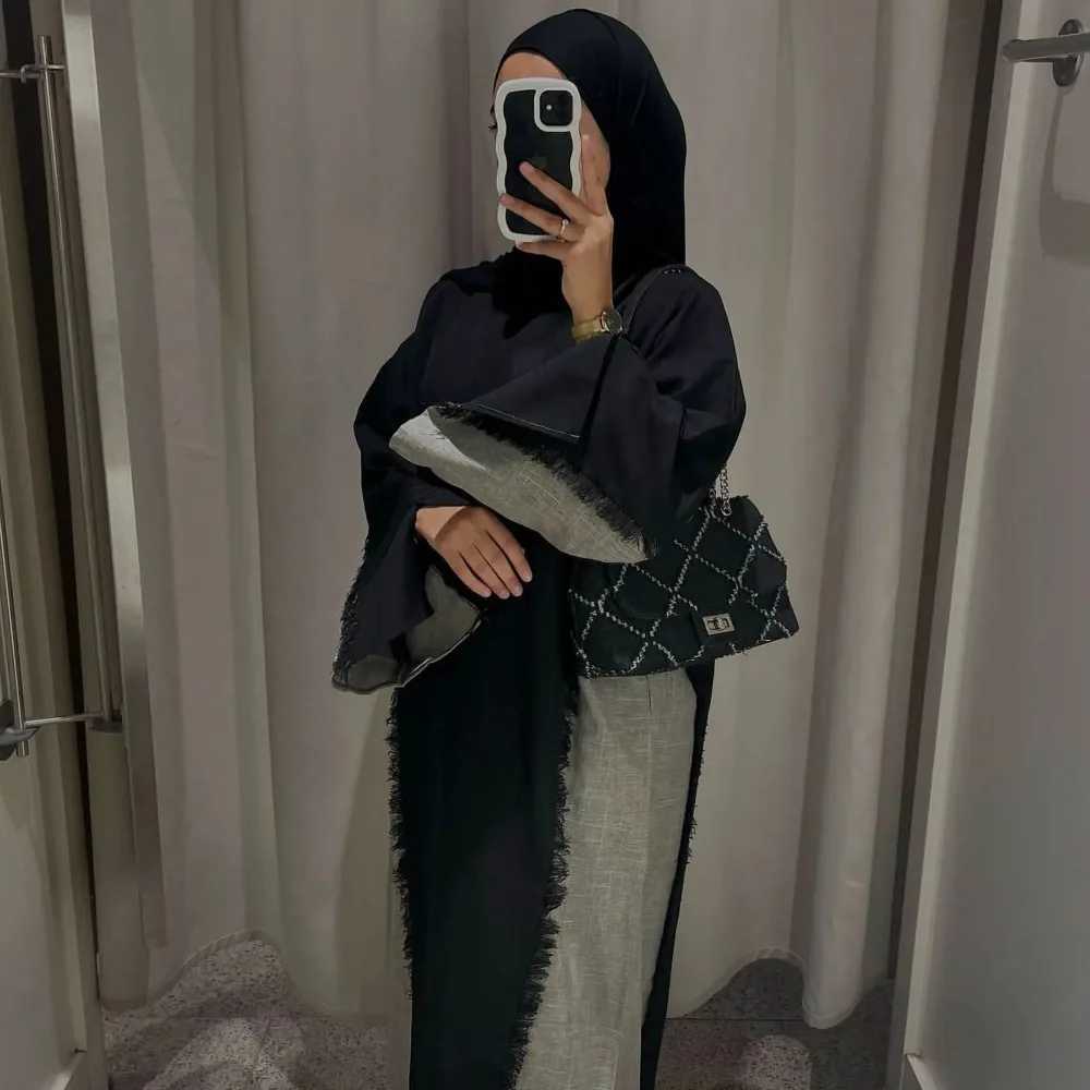 Eid Open Abaya Kimono Luxury Two Tone Frayed slim Hijab Dress Abayas for Women Dubai 2024 New Turkish Islamic Clothing KtanXJ250310