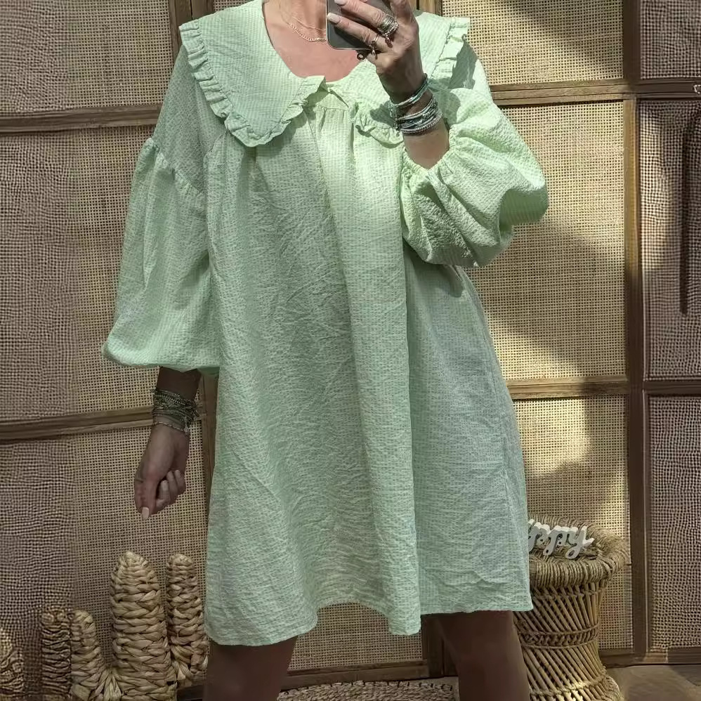 Women Spring Y2K Aesthetic Gingham Plaid Print Dress Puff Long Sleeve Coquette Loose Dress Vintage A-Line Mini Dress Streetwear 240821