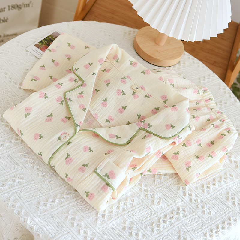 X151-Long-sleeved pajamas for women in spring and autumn, crepe home floral lapel double-layer gauze pajamas set