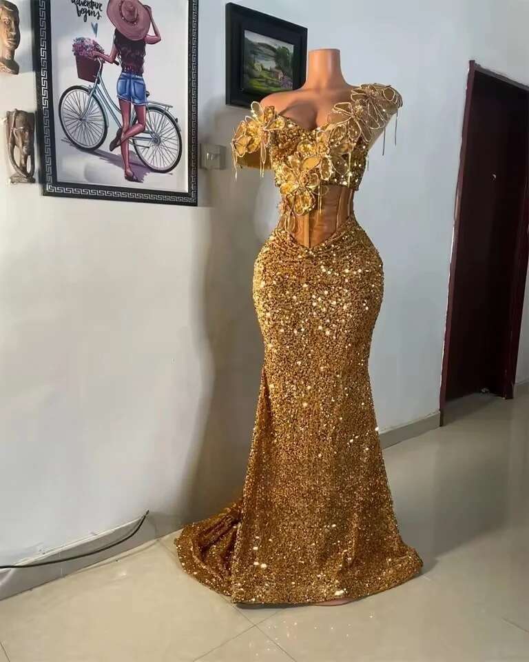 Sparkle Golden Aso Ebi African Prom Dresses Ruched Off The Shoulder Mermaid Formal Evening Party Gowns 2025 Customized 6660310
