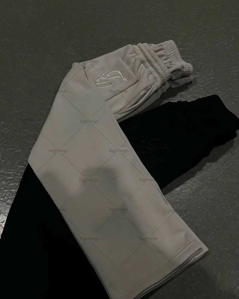 Double waist letter embroidered sports pants European and American street fashion clothing brushed straight wide leg pantsT250319