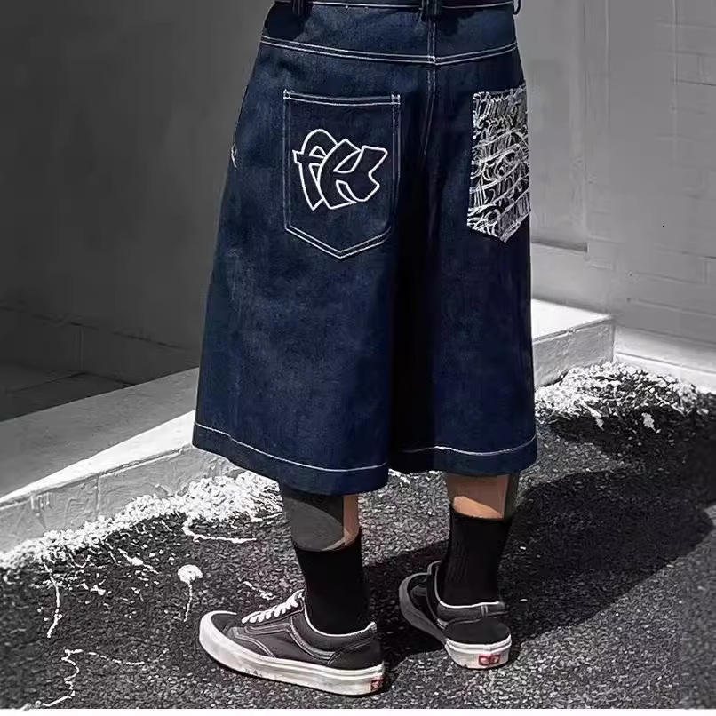 Y2k street clothing new shorts Harajuku hip-hop letter patch denim shorts mens retro fashion oversized basketball sports shorts 240701