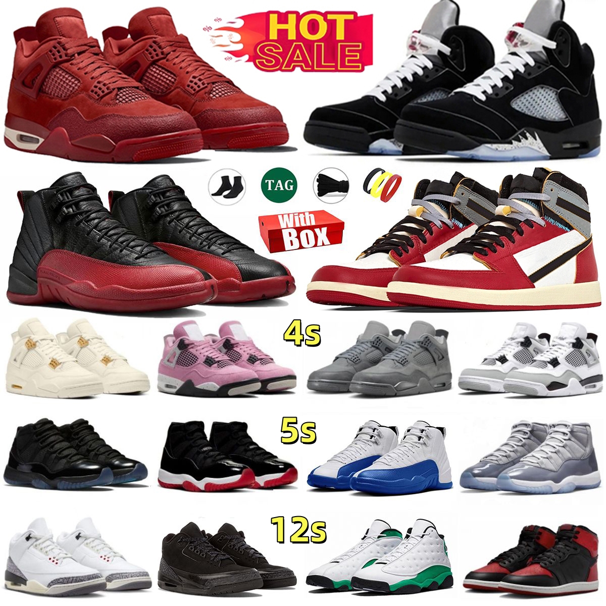 With box 3s 4s 5s 12s Basketball Shoes designer shoes Black metallic White Cement Reimagined nigel sylvestet blue flu game union la Outdoor Men Sports Sneakers