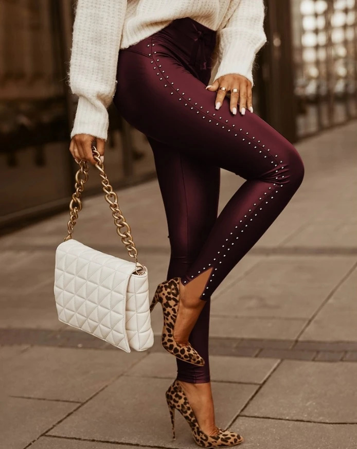 Womens pants 2025 spring fashion stud decoration tie details PU leather plain weave high waisted Casaul tight daily pants 250305