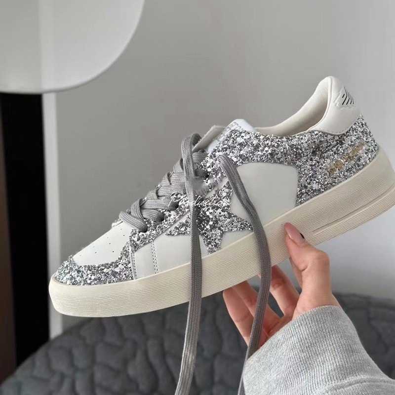 New style Women Star glitter Board Shoes Hot Sale Vintage White Shoes Thick-soled Athleisure Style Shoes Trendy silvery Free shipping size 35-40