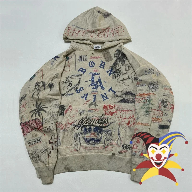 SAINT Rhinestone BORN RAISED Hoodie Men Women 1 High Quality Vintage Full Print Graffiti Pullovers 250310