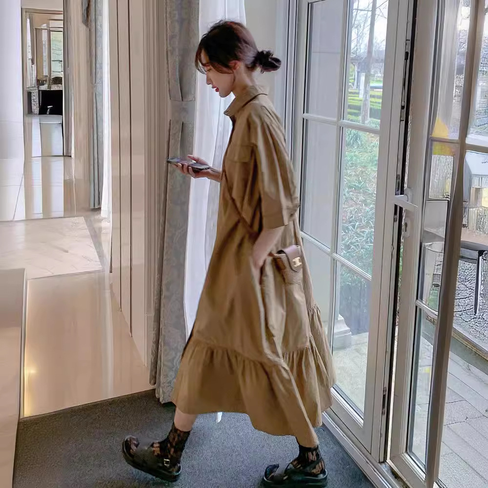 X8110 Large size khaki dress for women summer casual retro shirt dress