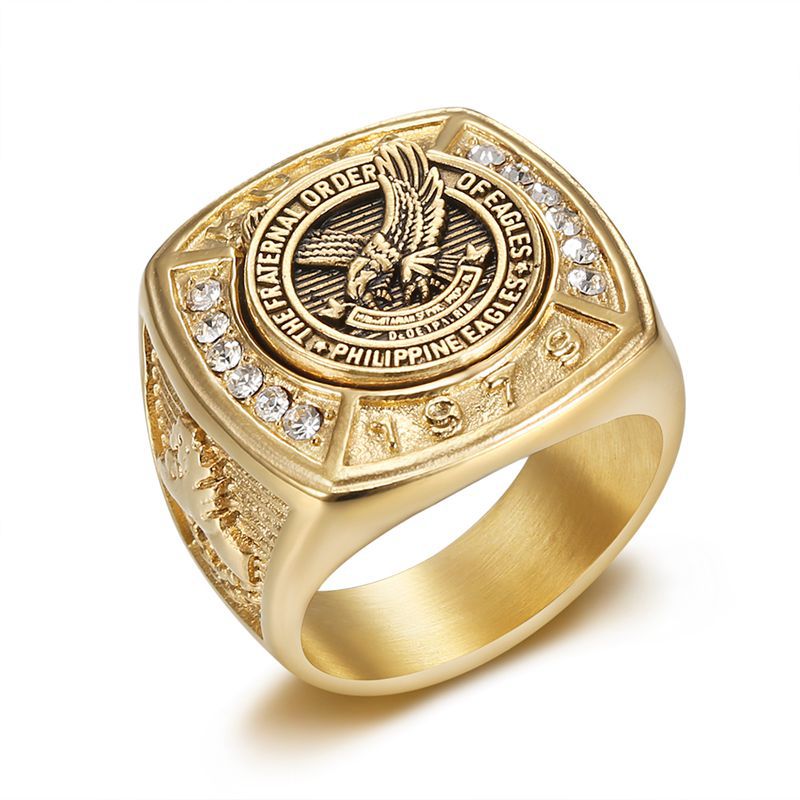 Hip Hop Vintage Square Eagle Casting Ring Stainless Steel Gold Plated Mens Jewelry