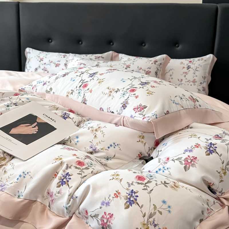 4Pcs Lyocell Bamboo Fiber Soft Silky Cool Feeling Floral Plant Prints Bedding Set Duvet Cover Bed Sheet/Fitted Sheet casesC250310