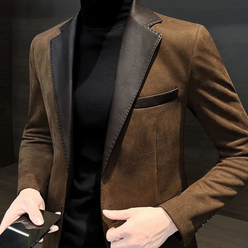 Spring Autumn Fashion Long Sleeve Turndown Collar Patchwork Solid Deer Skin Blazers Mens Clothing Korean Pockets Button Tops 250305