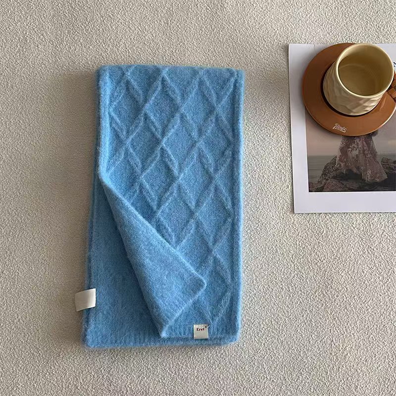 K087 Retro diamond double-sided warm knitted scarf Korean style solid color with wool versatile soft neck scarf for couples