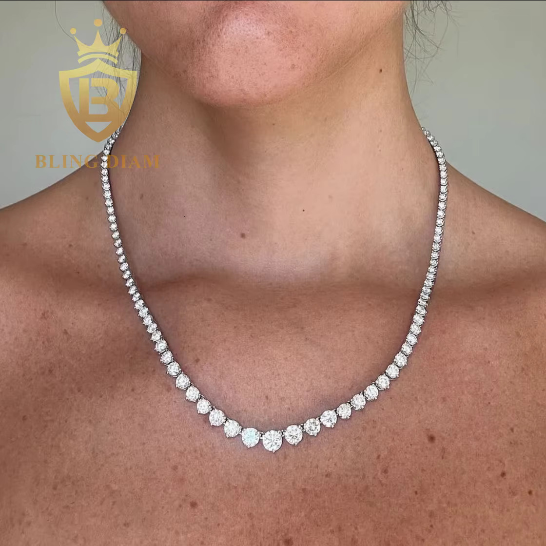 Fashion Design Small to Big 3 Prong Round Moissanite Tennis Chain S925 Sterling Silver Iced Out Moissanite Chocker Necklace