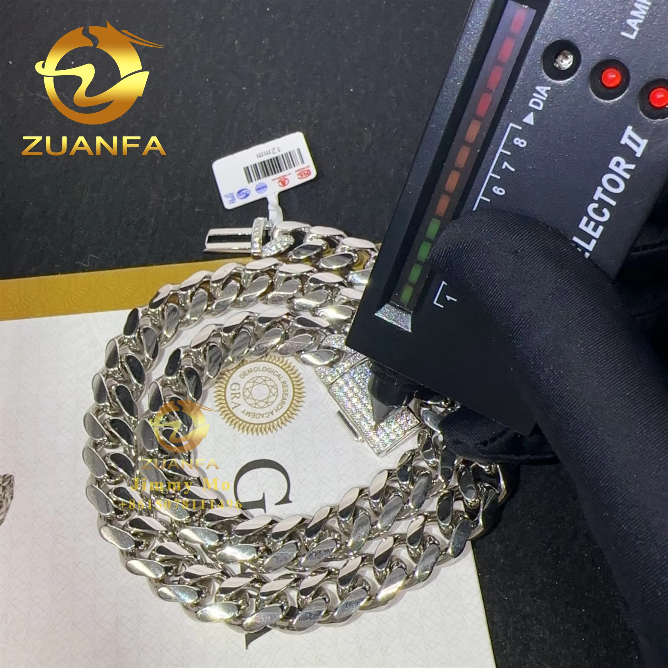 Custom Personal Man Hip Hop Jewelry 925 Sterling Silver 12mm Iced Out VVS1 Moissanite Diamond Clasp Miami Cuban Plain Chain
