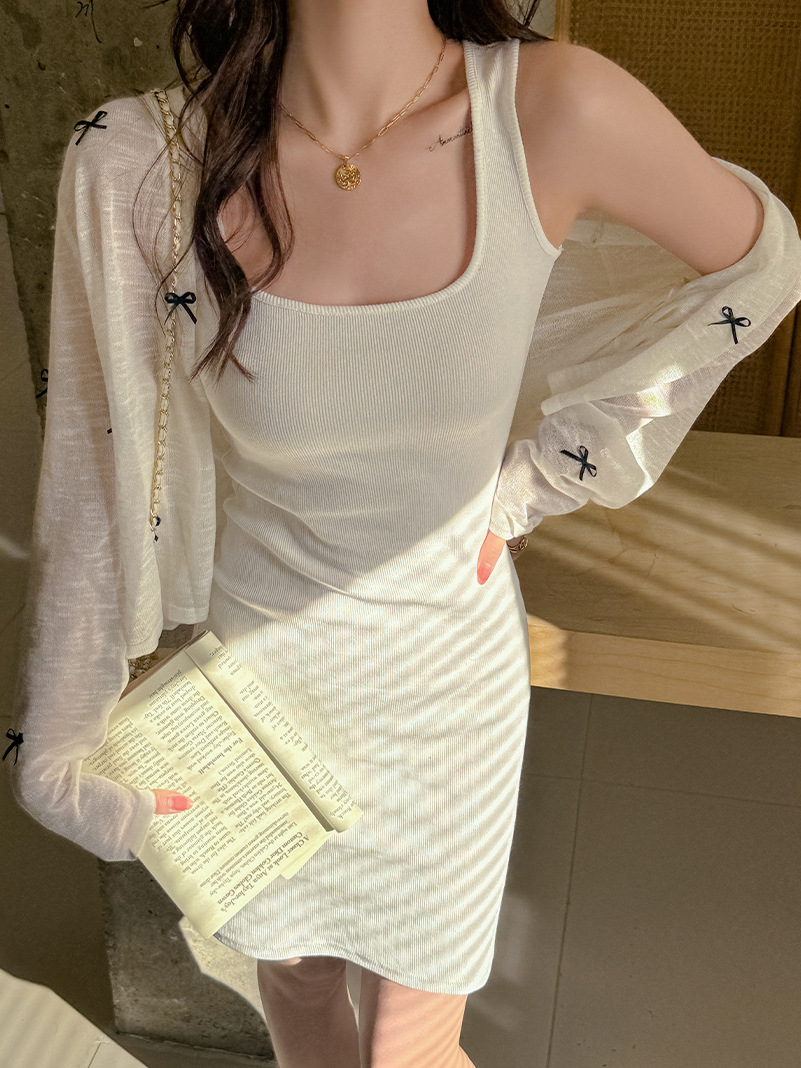 KD77 Cotton Base Vest Hip Skirt Gray Knitted Suspender Dress