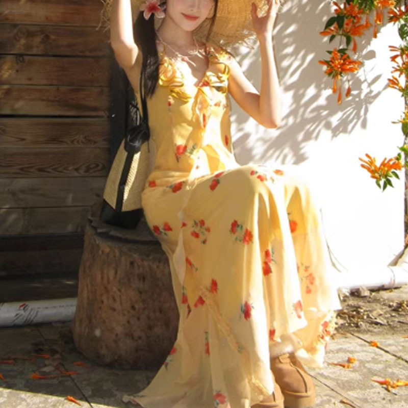 Casual Dresses Elegant Women Floral Print Sleeveless Strap Long Dress Summer Ruffles Split Party Dress for Club Streetwear 230505