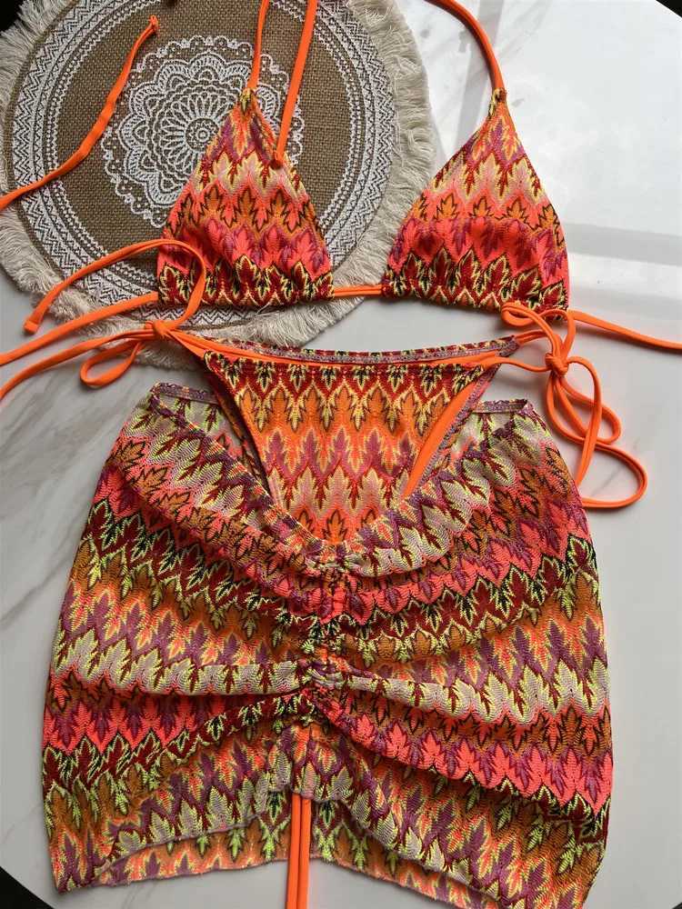 Women Swimsuit Colored Maple Leaves Knitted Bikini Skirt Three-Piece Set Split Swimsuit Bikini T250602