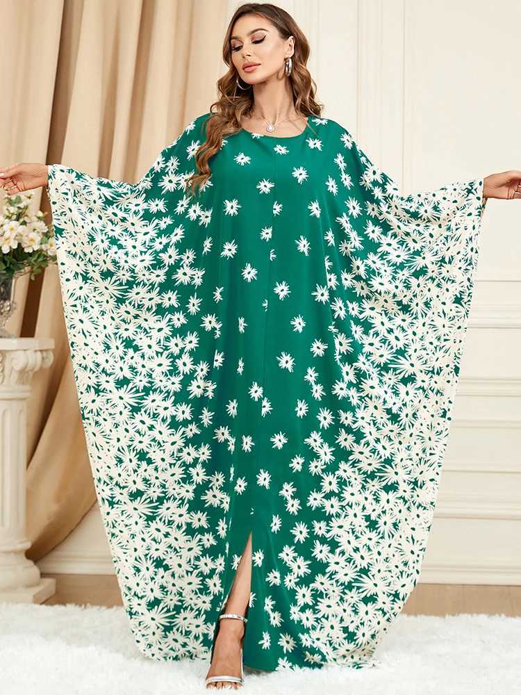 Middle Eastern slim clothing green robe bat sve loose floral dressXJ250310