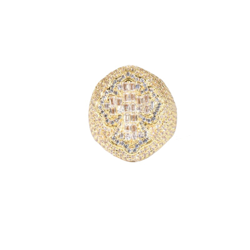 Hip Hop Casting Cross Oval Rings 18K Real Gold Plated Full 5A Zircon Jewelry Cool Men Gift