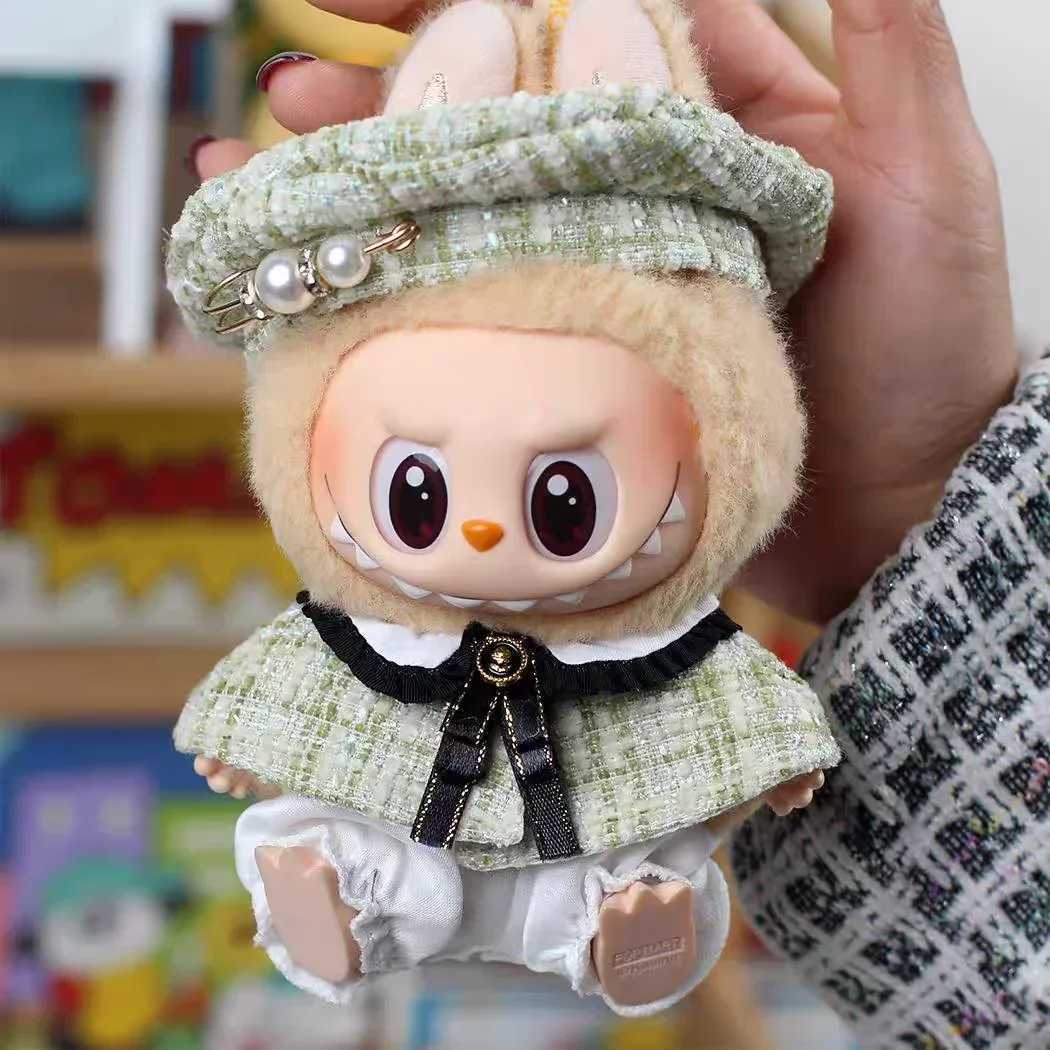 For 15cm Cute Labubu V1 V2 Mini Dolls Stylish Grid retro Cape With Beret Set Labubu Clothes Outfit Labubu Ropa Clothing GiftC250310