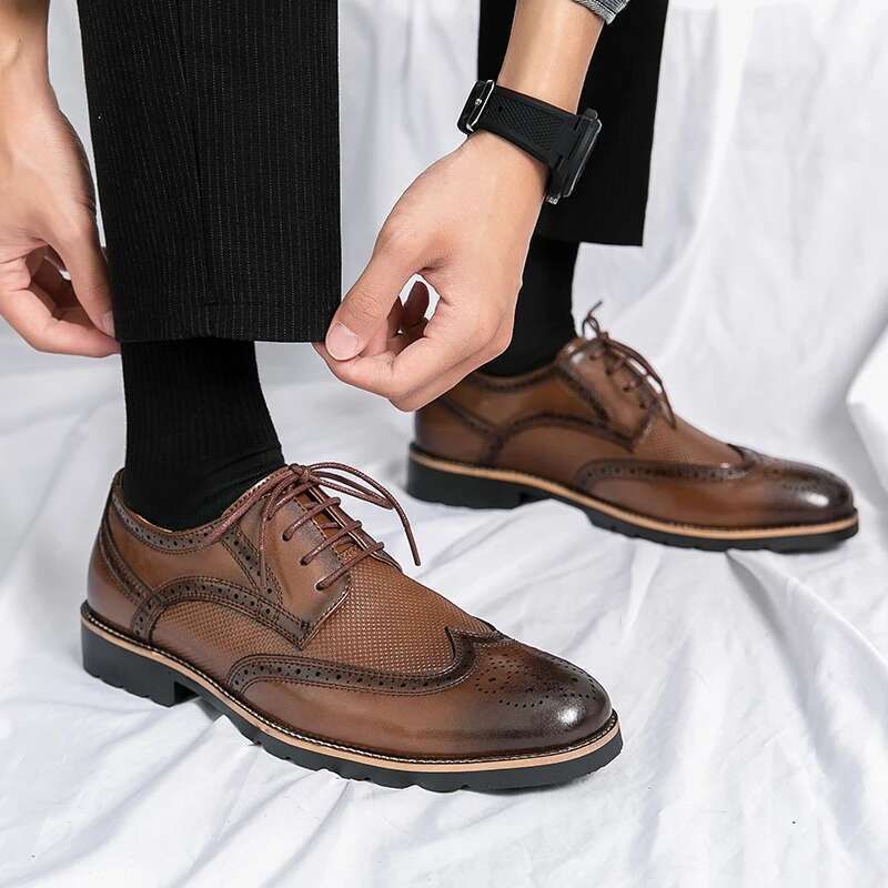Handmade Mens Wingtip Oxford Grey Leather Brogue Men's Dress Classic Business Formal Shoes For Men Atillas Hombre