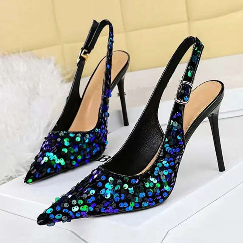 Fashion Gold Sequined Ankle Strap Women Pumps Elegant Pointed Toe Sgbacks Stiletto High Heels Wedding Prom Shoe Size 43