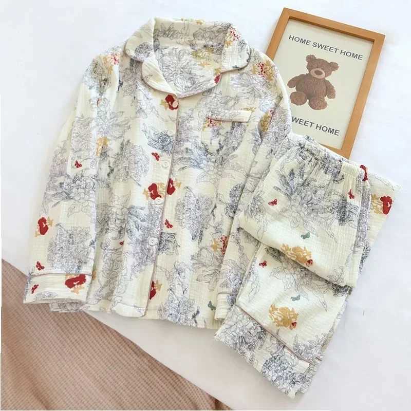 100% Cotton Gauze Women Pajamas Sleepwear Female 2 Piece Set Ink Painting Printing Nightwear Pyjamas Home Clothes LoungewearC250310
