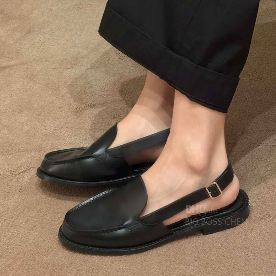 fashion letter round toe Buckle Strap slingback Flat loafers sandals slides Dress shoes Beach shoes Real leather Luxury designer flats shoes womens Vacation shoes