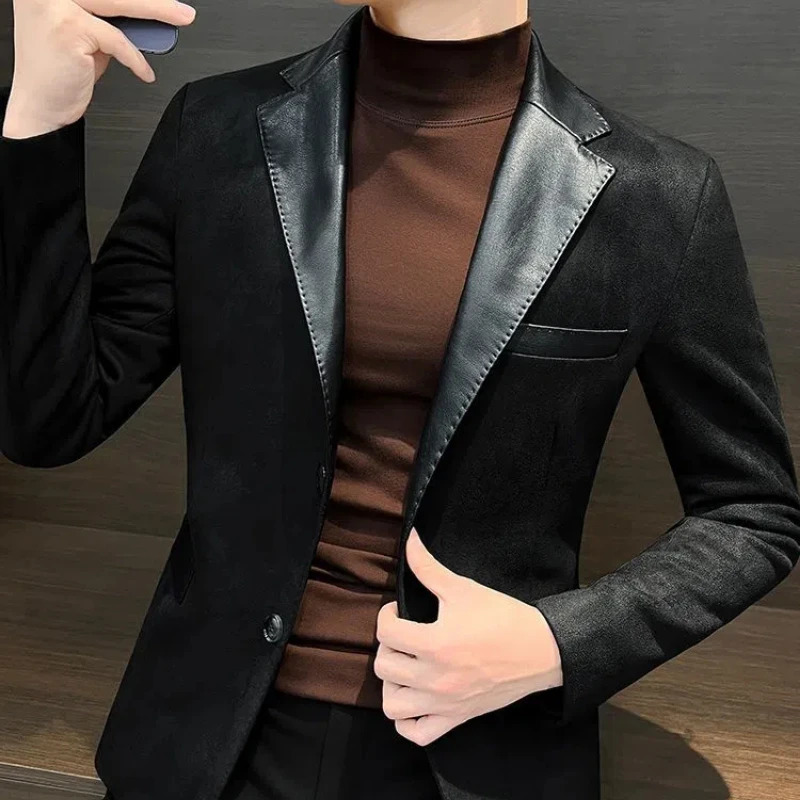 Spring Autumn Fashion Long Sleeve Turndown Collar Patchwork Solid Deer Skin Blazers Mens Clothing Korean Pockets Button Tops 250305