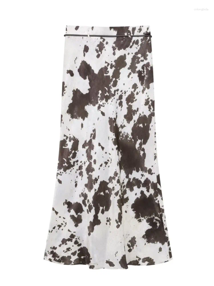 Skirts Print Women Midi Skirt With Belt High Street Style Spring Fashion Silk Textured Casual Sexy Button Womens