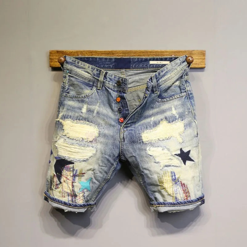 Summer Mens Fashion Hole Ripped Short Jeans Knee Length y Slim Fit Bermuda Denim Shorts Streetwear Cowboy Trousers 250310