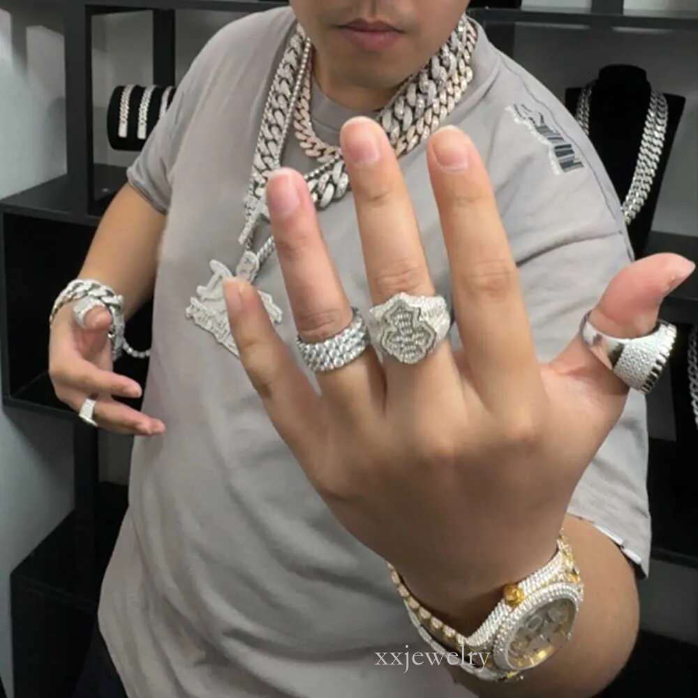 Hiphop Custom Sterg Sier 14k Gold Iced Out VVS Dia Men Eternity Ring Moissanite