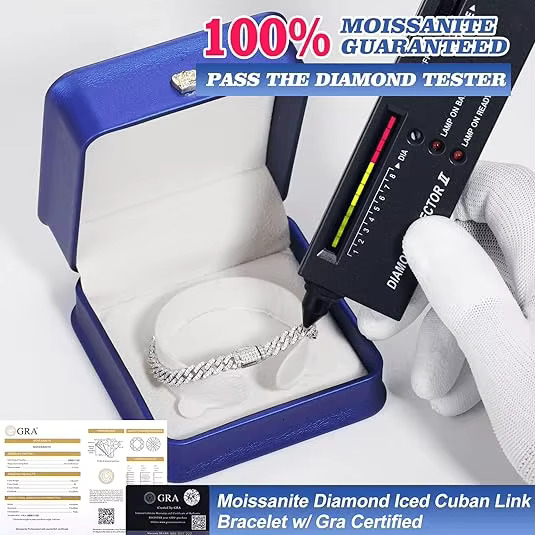 6mm White Gold 925 Sterling Silver VVS Moissanite Diamond Cuban Link Chain Bracelet Iced Out Mossanite Jewelry for Men Women