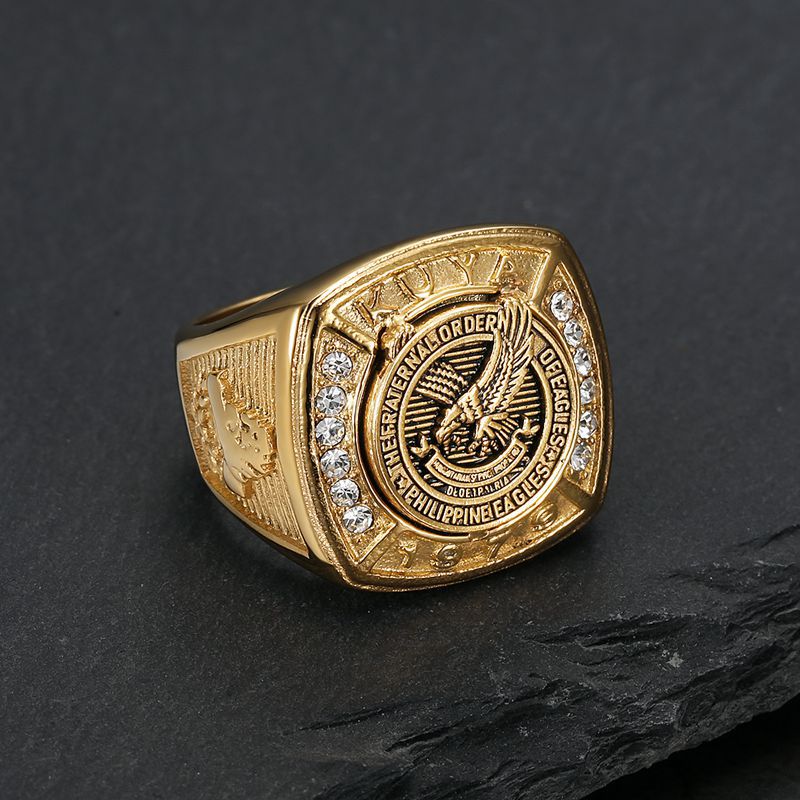 Hip Hop Vintage Square Eagle Casting Ring Stainless Steel Gold Plated Mens Jewelry