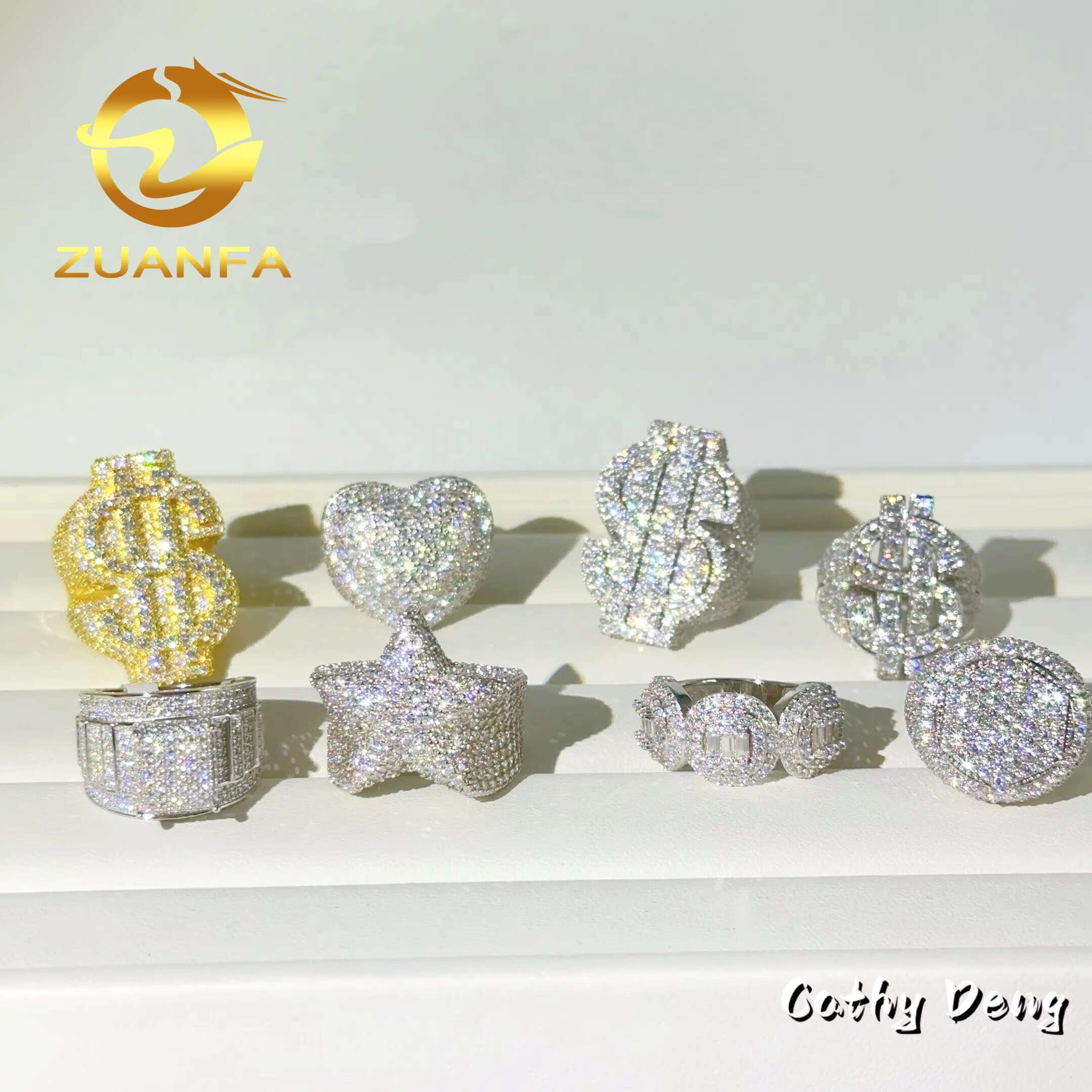 Zuanfa Jewelry Hot Selg Hip Hop Heart Full Pave Sterg Sier Ice Out Moissanite Men Dia Ring