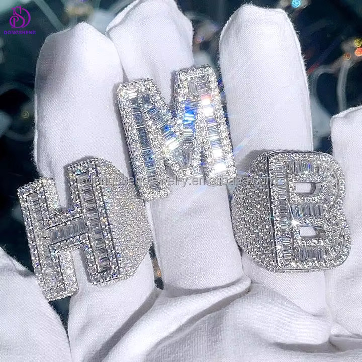 Custom Initial Letter Diamond Rings 925 Silver Baguette Iced Out VVS Moissanite Hip-hop Letter Name Championship Rings Men