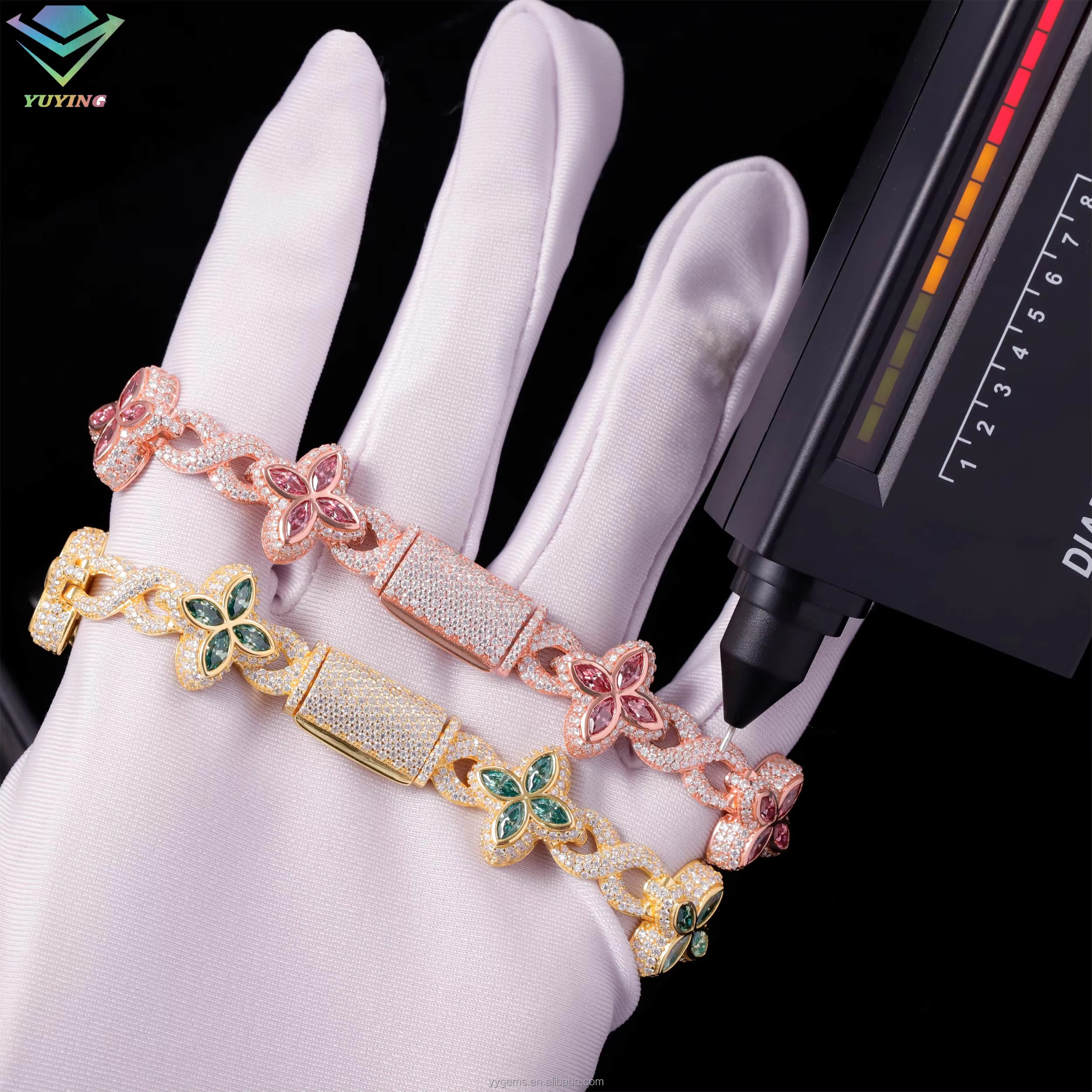 Moissanite Jewelry Clover Bracelet Green Pink Diamond S925 Silver Gold Plated Cuban Moissanite Bracelet With GRA Certificate