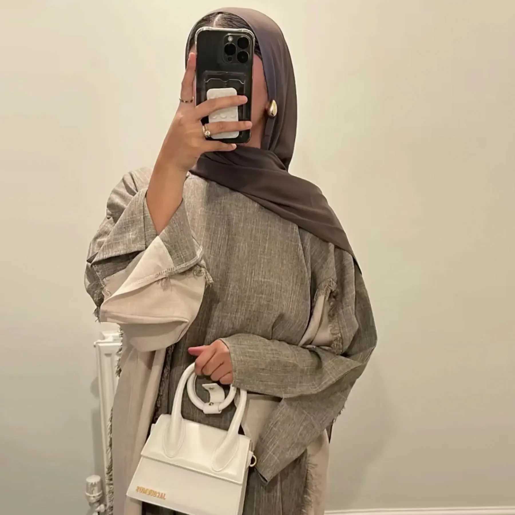 Eid Open Abaya Kimono Luxury Two Tone Frayed slim Hijab Dress Abayas for Women Dubai 2024 New Turkish Islamic Clothing KtanXJ250310