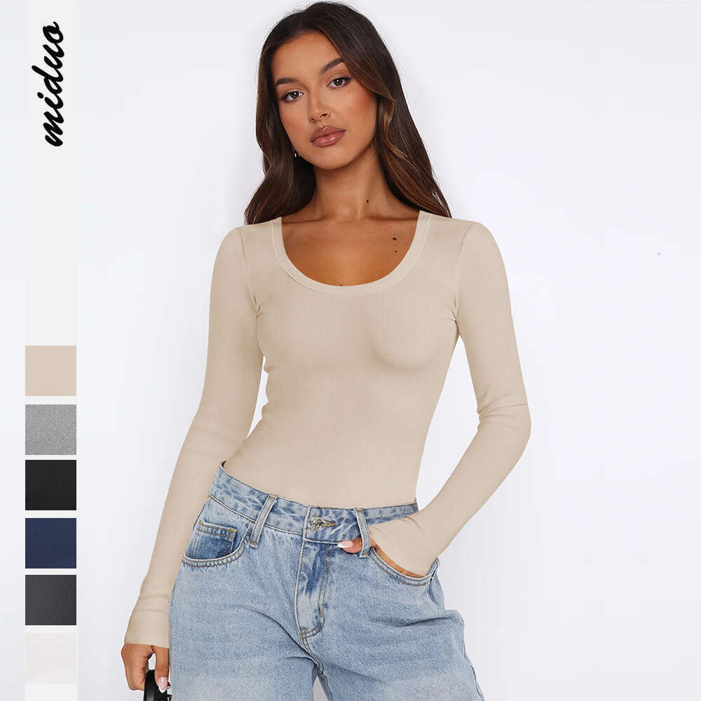 2024 New Solid Color Thread U-Neck Bottom Y2K Clothing Slim Fit T-shirt Women's Summer Shoulder Top