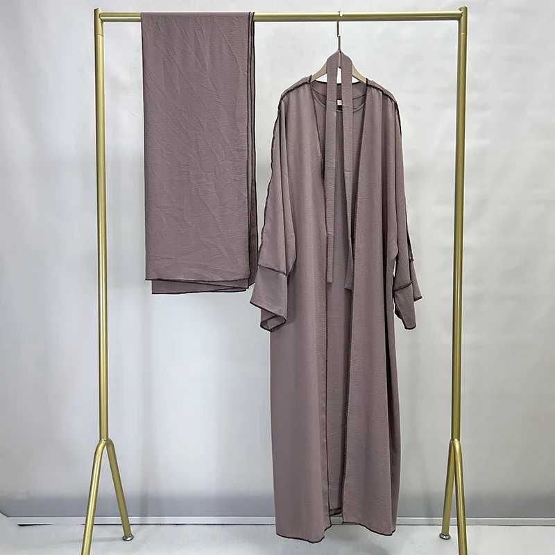 Three Piece Abaya Set With Hijab Free Belt Jazz Crepe Kimono Sveless Under Dress EID Ramadan slim Women Islamic ClothingXJ250310