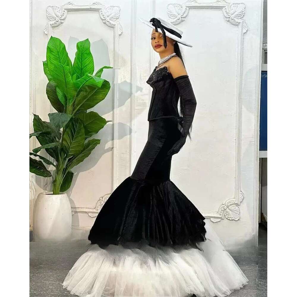 Black Veet Mermaid Prom Dresses 2025 Beading Sweetheart Birthday Gown Bead Dias With Gloves evening Customized 6660310