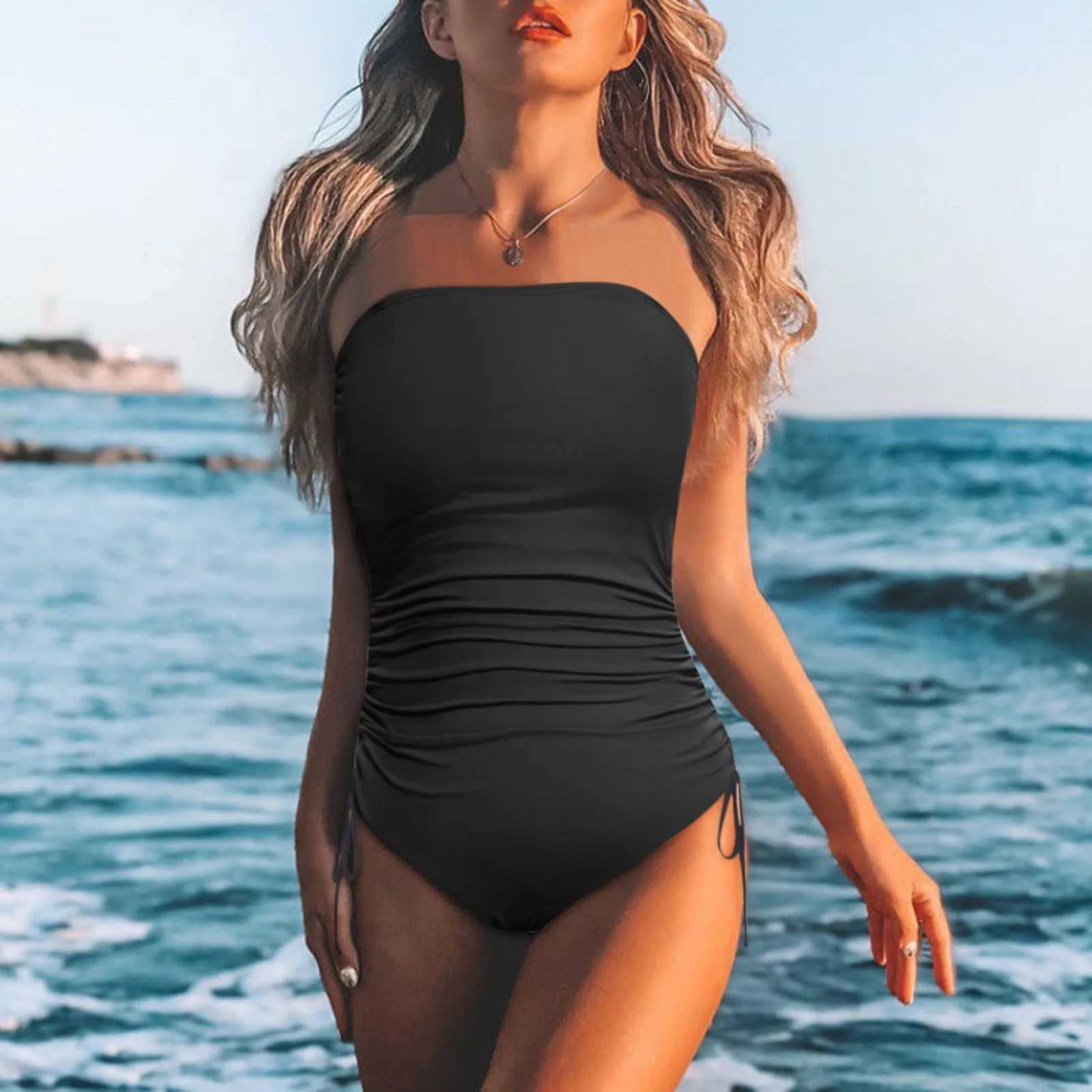 Strapless One Piece Swimsuit Women Solid Color Bandeau Swimming Suit Swimwear Black Beach Wear MonokiniXJ250310
