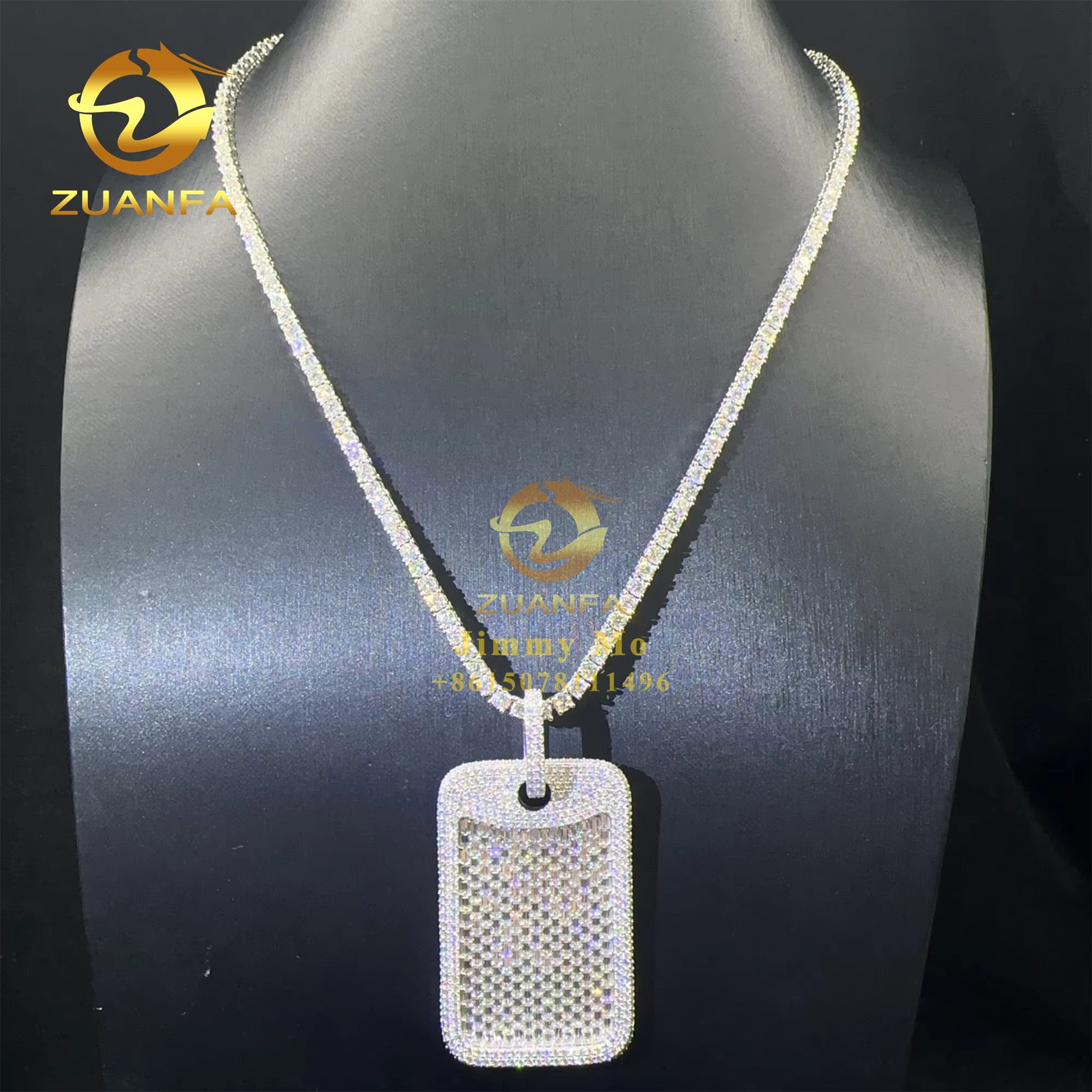 Custom Made Rapper Luxury Jewelry 925 Silver Iced Out Fully VVS1 Baguette Synthetic Moissanite Diamond Hip Hop Dog Tag Pendant