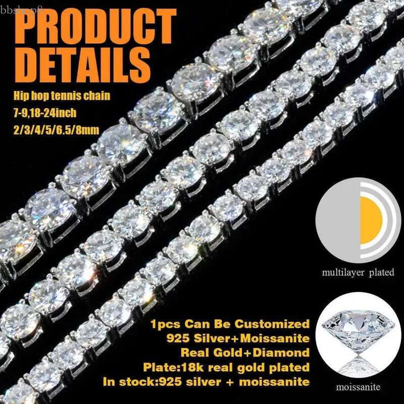 Dia Mossanite Chain Mens Iced Out Gold Chains Necklaces Hip Hop Jewelry Moissanite Tennis Necklace